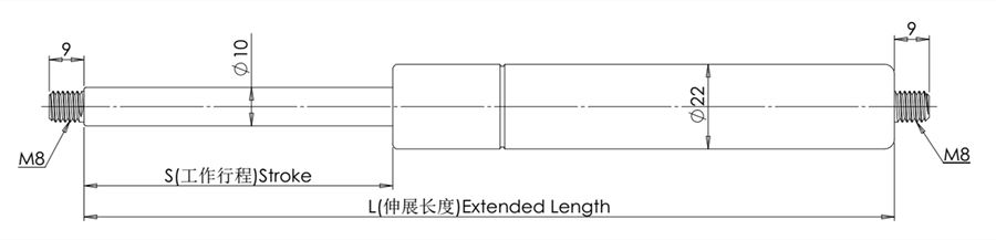 Storage Bed Gas Spring dimension drawing showing M8 threaded ends, 10 mm piston rod, 22 mm tube diameter, stroke and extended length